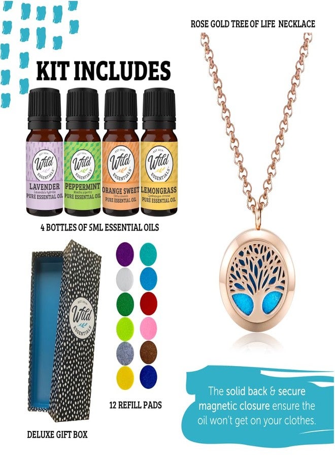 انم اسينشالز مجموعة وايلد إسينشالز لتوزيع الزيوت العطرية، قلادة شجرة الحياة باللون الذهبي الوردي، تحتوي على زيوت اللافندر، والليمون، والنعناع، والبرتقال، و12 وسادة إعادة تعبئة، مجموعة هدايا مهدئة للعلاج بالروائح، قابلة لتغيير اللون حسب الرغبة. - Image 2